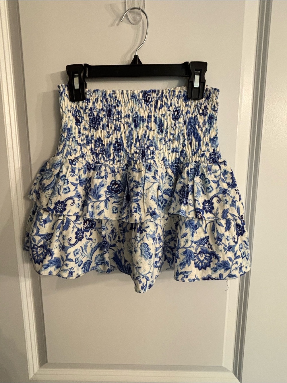 Olivaceous Blue and White Smocked Tiered Mini Skirt